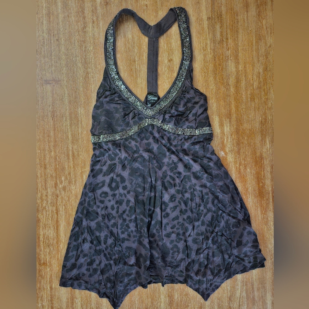 Guess Black Leopard Print Tank Top Halter Top With Silver Beads Size Small Women